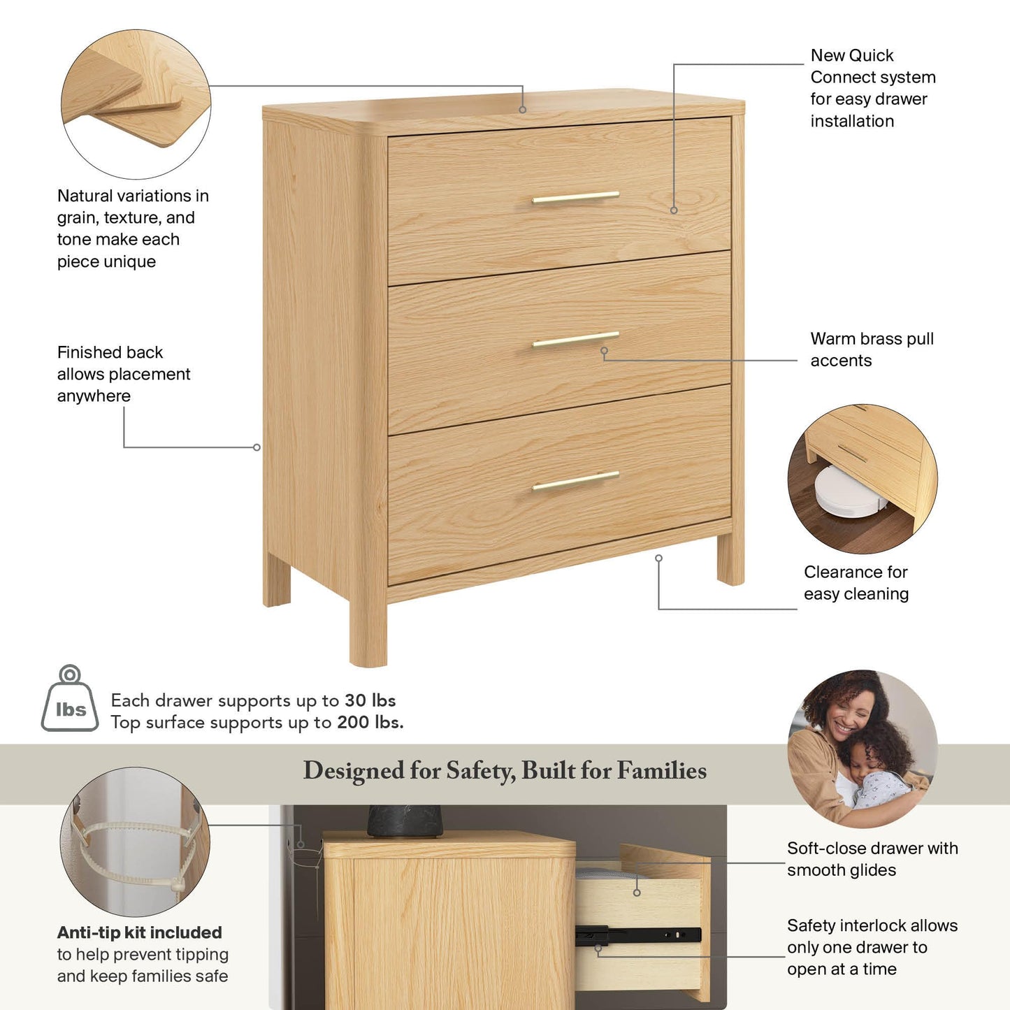 Bush Home Vera 3 Drawer Dresser, Bedroom Storage Furniture, Vera Collection, Natural White Oak