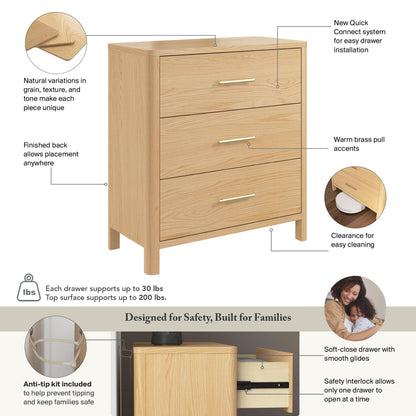 Bush Home Vera 3 Drawer Dresser, Bedroom Storage Furniture, Vera Collection, Natural White Oak
