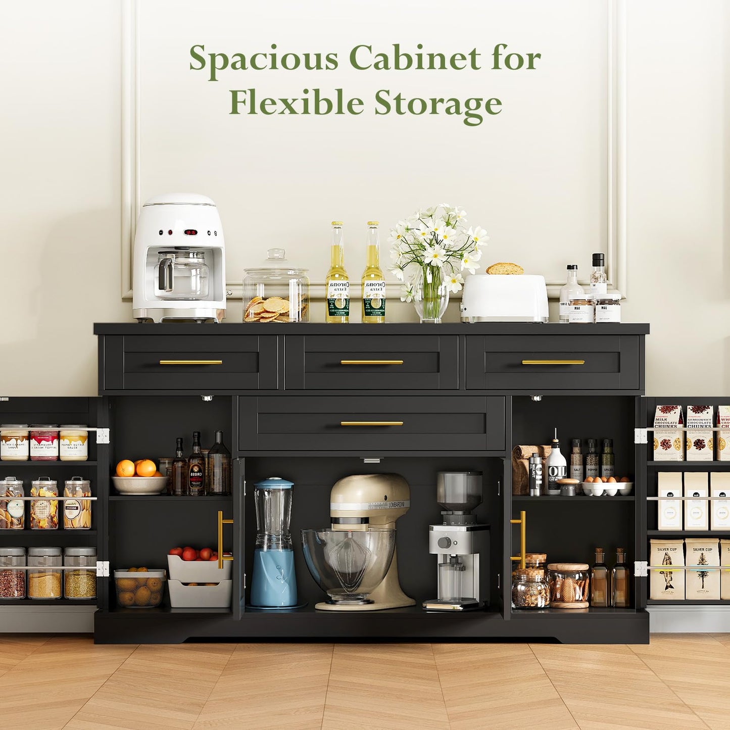 Concho 54" Buffet Cabinet with Storage, Kitchen Sideboards Small Coffee Bar Cabinet with 4 Drawers, Modern Kitchen Storage Cabinet for Living Room, Jet Black