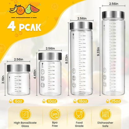 WXCWYQR Glass Juice Bottles with Lids, 10 Oz Wide Mouth Glass Water Bottles, for Juicing, Protein, Smoothie, Milk, BPA Free, Stainless Steel Lids, Shaker Bottles (10 Oz / 4 Pack)