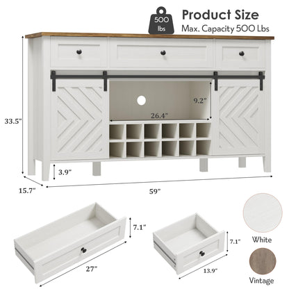 IDEALHOUSE 59'' Farmhouse Buffet Cabinet with Sliding Barn Door, 33.4'' Tall Wood Rustic Sideboard with 3 Drawer, Adjustable Shelf and Removable Wine Rack for Dining Room, Kitchen, White