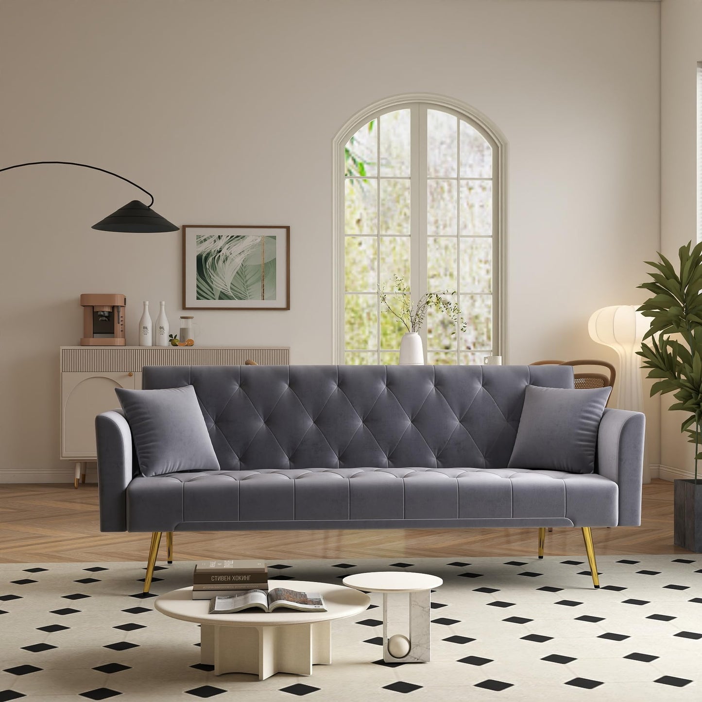 KEIKI 72" Futon Sofa Bed, 2-in-1 Loveseat, Velvet Upholstered Couches for Living Room, Sofa Sleeper for Small Space, Comfy Rest Folding Bed, Modern Apartment Essentials for Bedroom, Gray