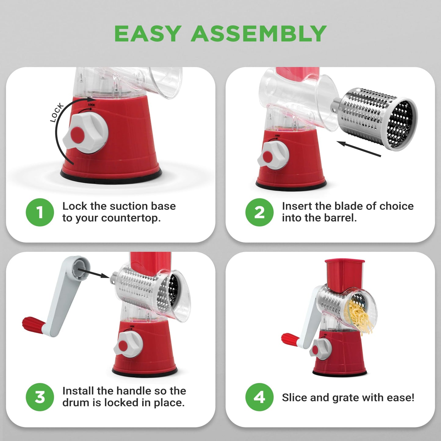 Nutrichef 3 in 1 Cheese Grater & Shredder | Strong Suction Base, Rotary Handle with Safety Lock | Includes Cleaning Brush, Hand Crank & 3 Drum Blades for 3 Textures, Fine, Medium & Strips | Red