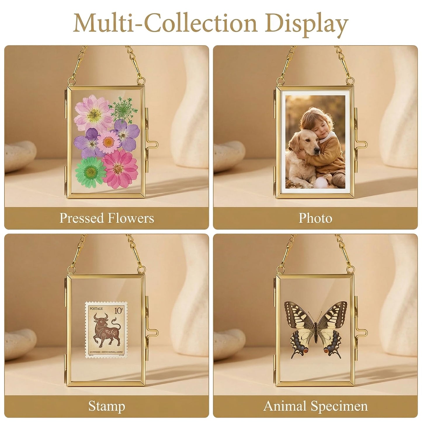 JUXYES 4 Pack Mini Brass Floating Frames Ornaments With Hanging Chain - Double Glass Tiny Picture Display Frame - Gold Wallet Size Floater Style Gallery Wall Frame for Pressed Flowers, Vertical