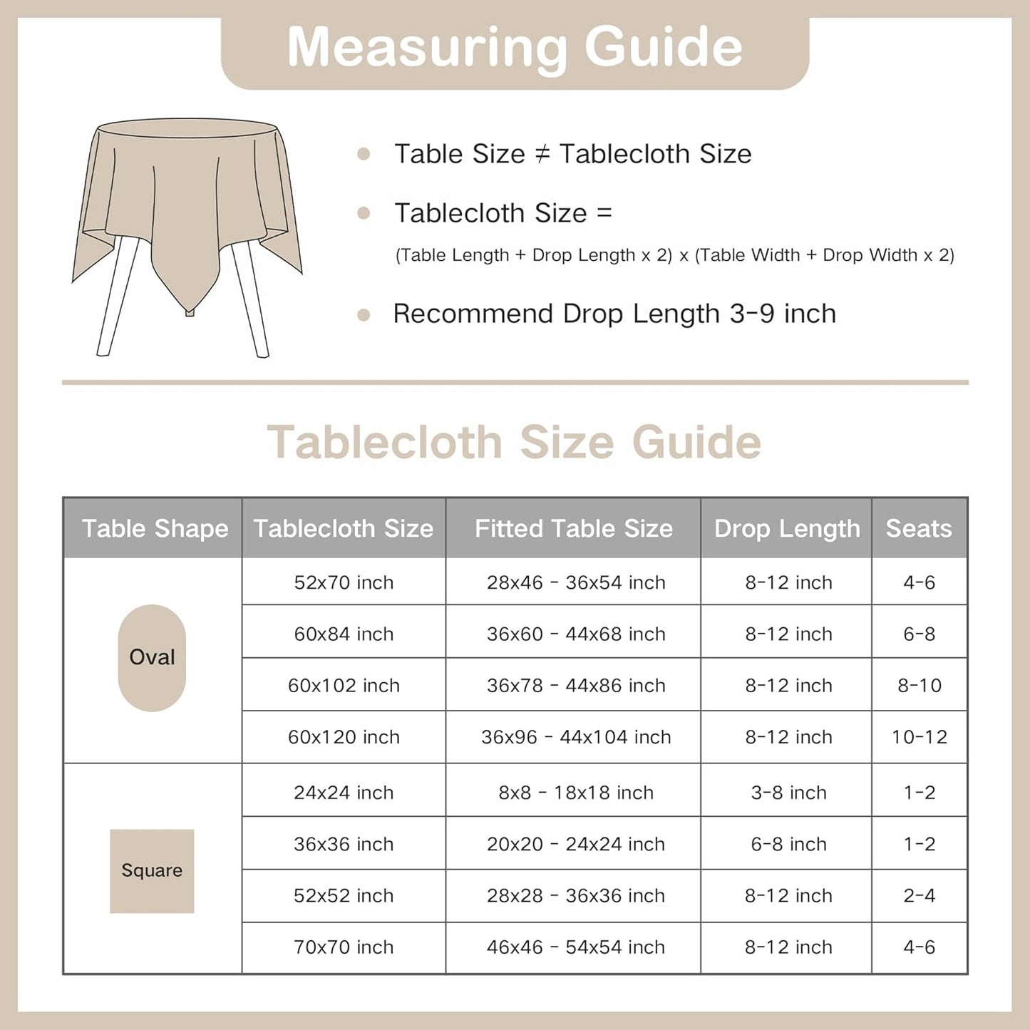 36 36 Inch Wolkemer Small Square Tablecloth x Faux Linen Khaki Coffee Table Cover Water-Resistant Farmhouse Decorative