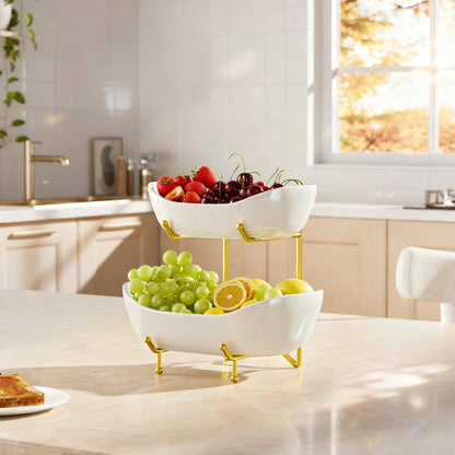 Josmimic 2 Tier Ceramic Fruit Bowl for Kitchen Counter – Fruit Basket with Gold Metal Stand, Holder for Snacks, Nuts, Cakes, Desserts, Bread, Candy Storage