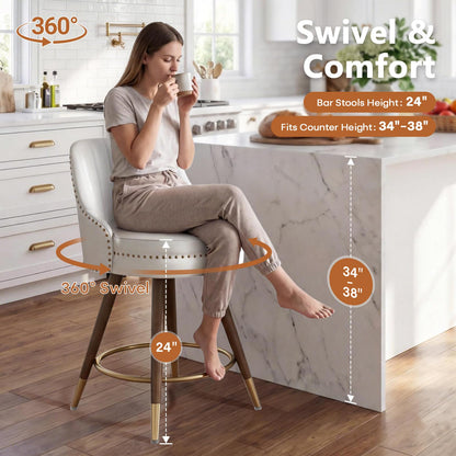 Sucrever Counter Height Bar Stools Set of 4, 24" Leather White Bar Stools with Backs, Swivel Counter Stools with Wooden Legs for Kitchen, Dining Room, Bar, Cream White