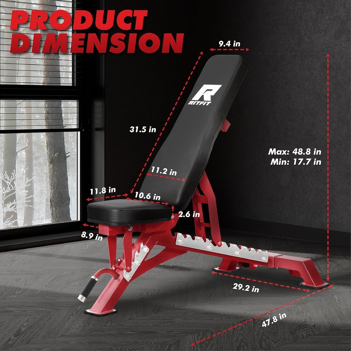 RITFIT Adjustable Weight Bench with Multiple Back Positions for Full Body Workouts, Incline, Decline, and Flat Settings for Home Gym Strength Training, 1300LB Capacity (Red,with 2x5lb rubber dumbbells)
