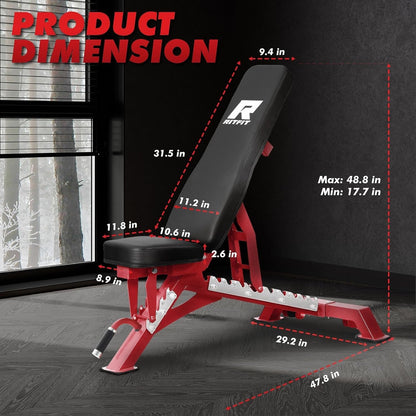 RITFIT Adjustable Weight Bench with Multiple Back Positions for Full Body Workouts, Incline, Decline, and Flat Settings for Home Gym Strength Training, 1300LB Capacity (Red,with 2x5lb rubber dumbbells)