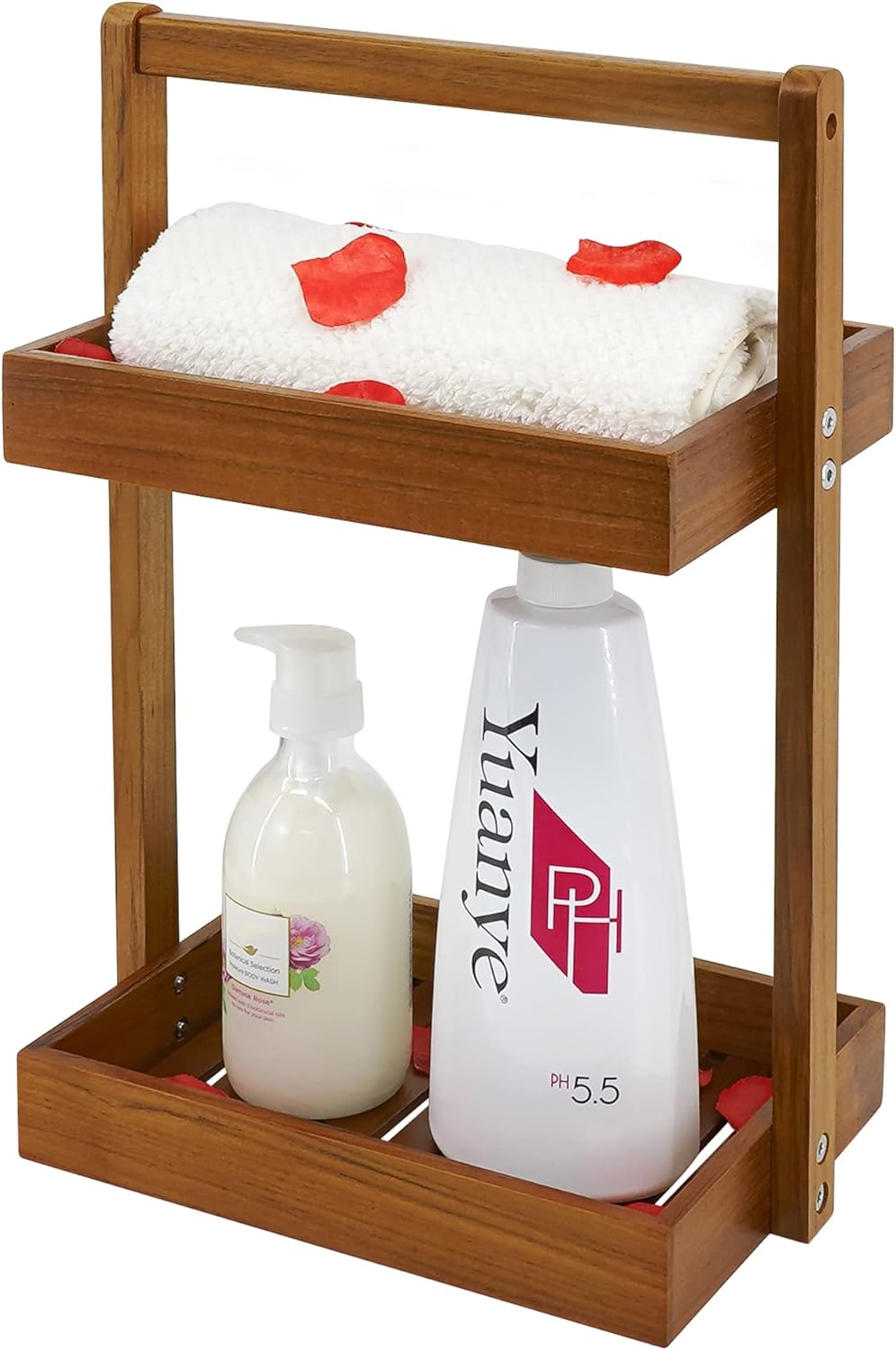 2 Countertop, Utoplike Teak Wood Shower Caddy Corner, Tier Bathroom Organizer Standing Shower Rack with Handle, Stand
