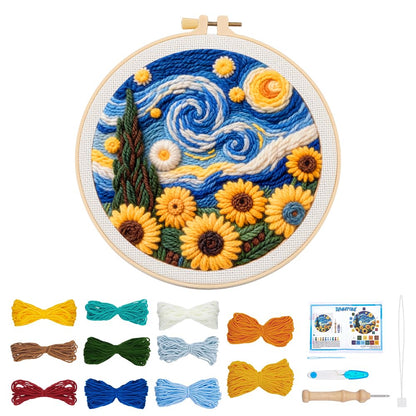 BEUNITONE Starry Sky Scenery Punch Needle Kit for Adults Beginners, Complete Embroidery Craft Kits with Needle, Hoop and Easy to Follow Instructions, Create Home Decor, Wall Hanging Art Making 20x20cm