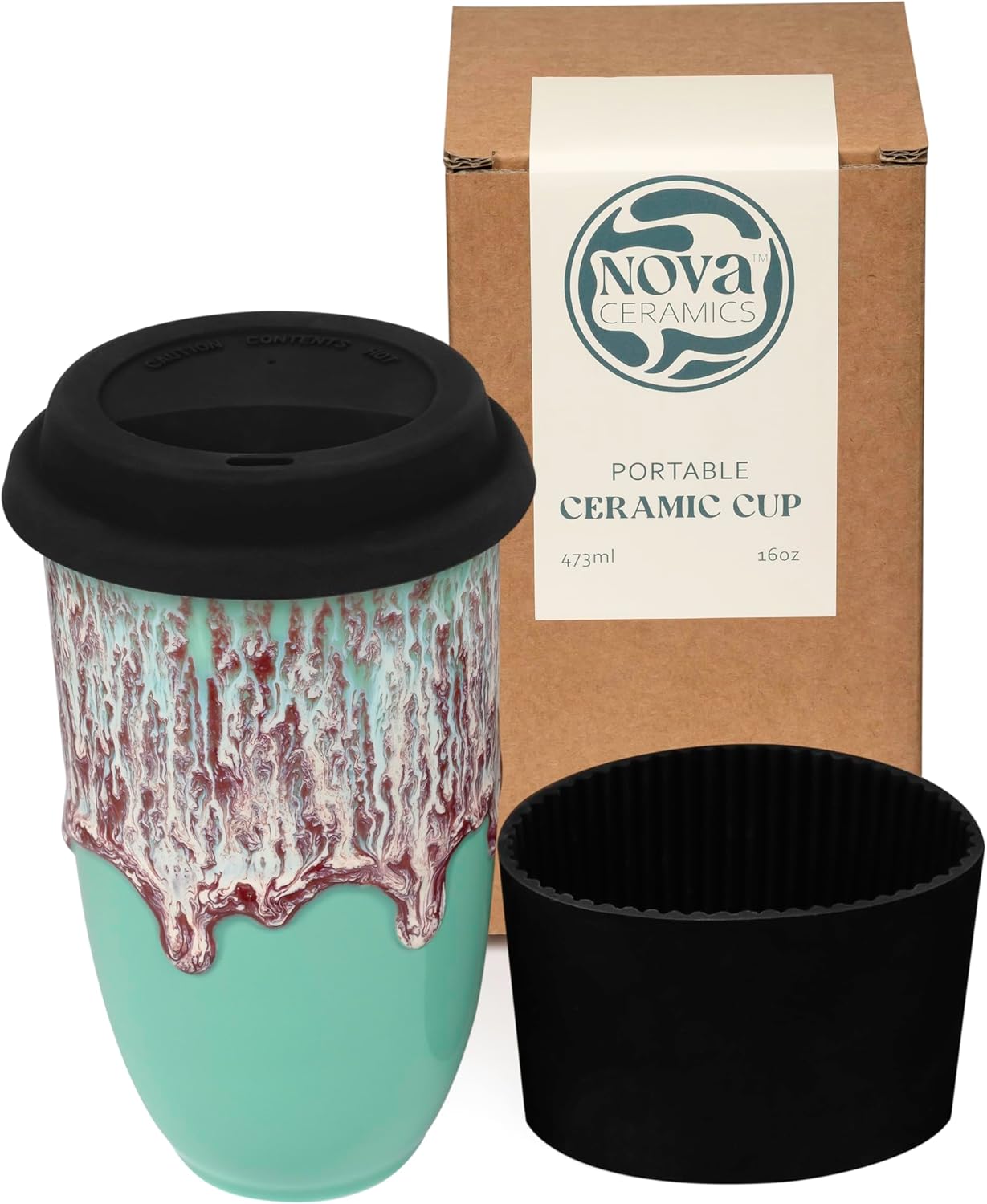16oz NOVA CERAMICS Travel Mug On the Go Coffee Tumbler Microwave & Dishwasher Safe Green Tumbler - Gifts For Women Men