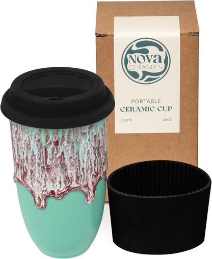 16oz NOVA CERAMICS Travel Mug On the Go Coffee Tumbler Microwave & Dishwasher Safe Green Tumbler - Gifts For Women Men