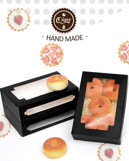 qiqee 36Packs Auto-pop Black Cookie Boxes for Gift Giving 8x5.3x2 inch Black One Second Fold Bakery Box with Window Treat Box for Donuts Candies and Biscuit