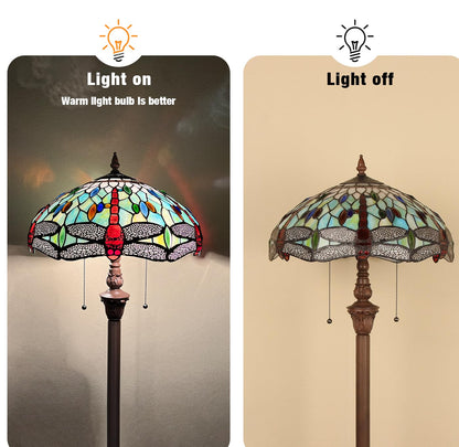 Capulina Tiffany Lamp Stained Glass Floor Lamp 2-Light 63 Inches Tall Industrial Dark Bronze Pole Fine Sky Dragonfly Tiffany Style Standing Floor Lamp for Living Room Bedroom Home Office