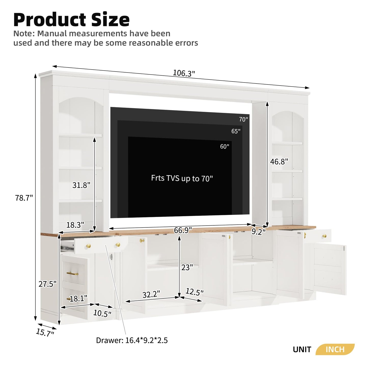 Merax Farmhouse 106-Inch Arched Entertainment Wall Unit Set with Adjustable Shelves, TV Stand for Televisions Up to 70'', Mid-Century Large Media Console with Drawers for Living Room, White