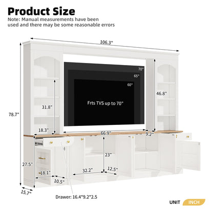 Merax Farmhouse 106-Inch Arched Entertainment Wall Unit Set with Adjustable Shelves, TV Stand for Televisions Up to 70'', Mid-Century Large Media Console with Drawers for Living Room, White