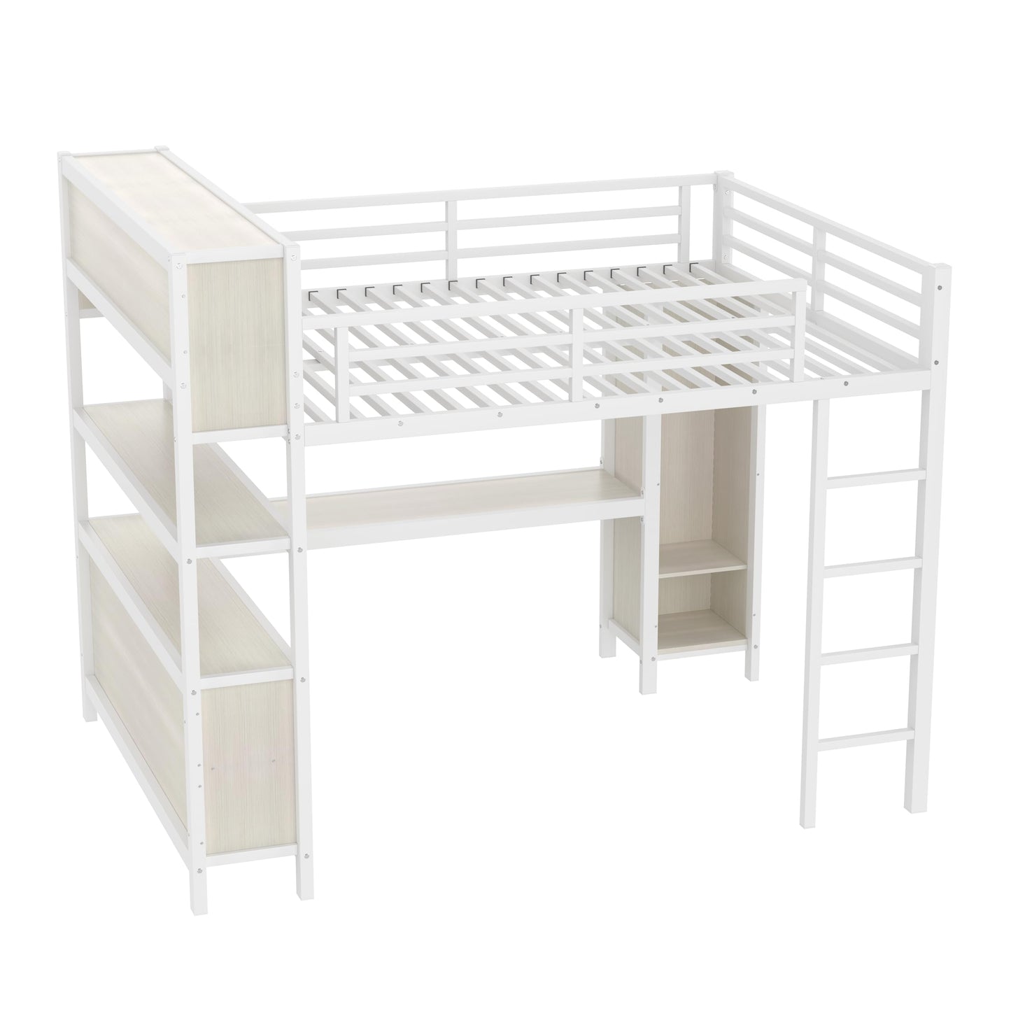 Bellemave Queen Loft Bed with Desk & Wardrobe, Heavy Duty Metal Loft Beds with Storage Shelves, Space Saving Loft Bed Queen Size with Safety Guard, White Wood Grain