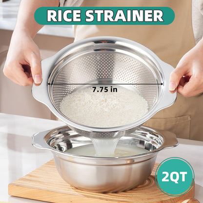 Stainless Steel Colander for Kitchen 2-Quart, Strainer Microporous with Mixing Bowl, Rice Strainer for Washing Vegetables, Fruit and Draining Cooked Pasta, Dishwasher Safe
