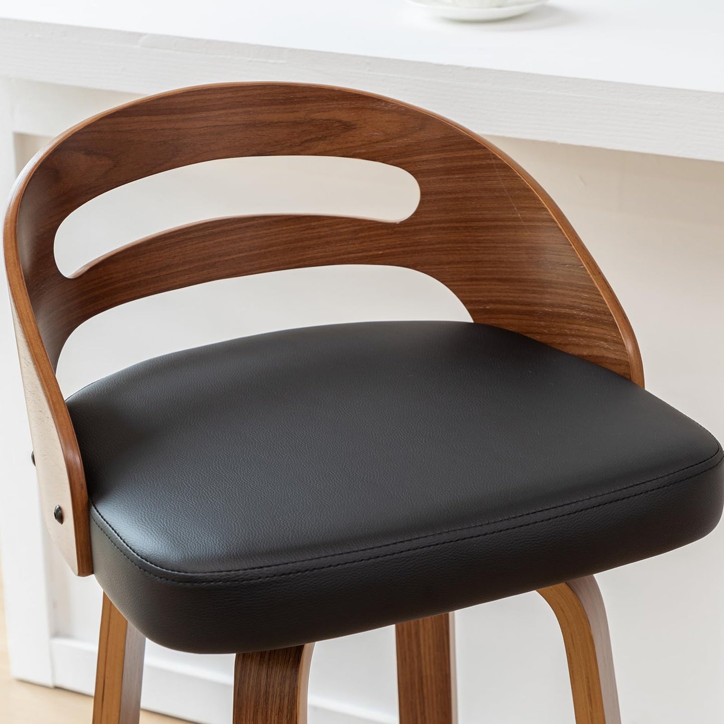 Bar Stools Set of 2, Swivel Bar Stools with Walnut Craftsmanship, Bentwood Curved Back, Upholstered Faux Leather, Soft Cushion Seat, Mid Century BarStools for Bar/Pub/Cafe (Black, 30" Seat Height)