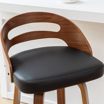 Bar Stools Set of 2, Swivel Bar Stools with Walnut Craftsmanship, Bentwood Curved Back, Upholstered Faux Leather, Soft Cushion Seat, Mid Century BarStools for Bar/Pub/Cafe (Black, 30" Seat Height)