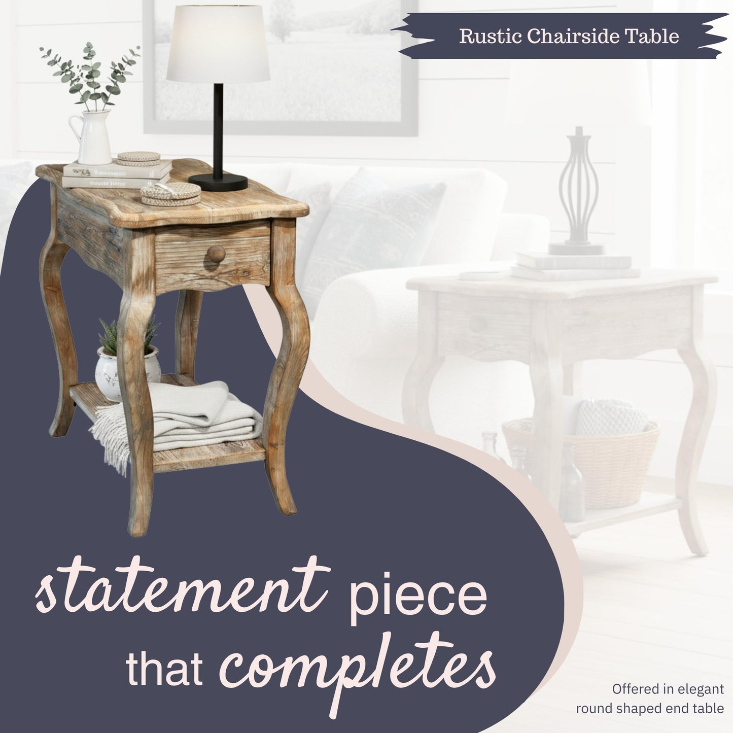 Alaterre Furniture Austerity Living Room Tables – 15 Inch Narrow Chairside Table with Drawer, Shelf, Scalloped Edges, & Curved Legs – Rustic Accent Side Table in Driftwood Finish