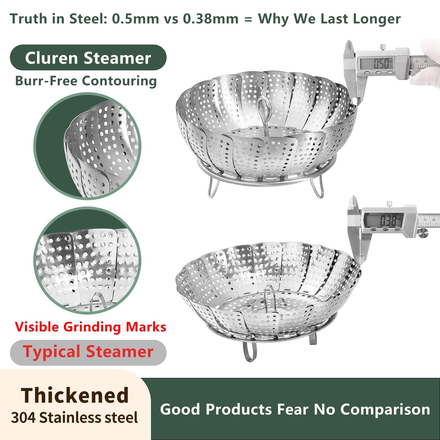 Cluren Steamer Basket for Cooking 304 Stainless Steel Entirely Thickened,Collapsible Steamer Insert for Pots, Fits Instant Pot/Skillets (6.5'' To 11‘’)