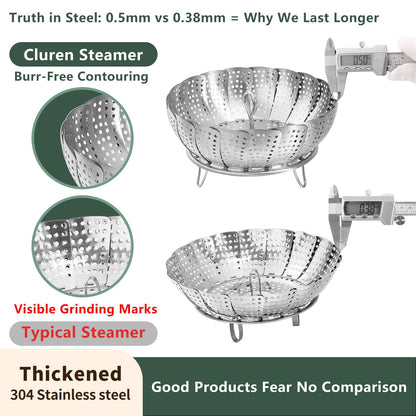 Cluren Steamer Basket for Cooking 304 Stainless Steel Entirely Thickened,Collapsible Steamer Insert for Pots, Fits Instant Pot/Skillets (6.5'' To 11‘’)