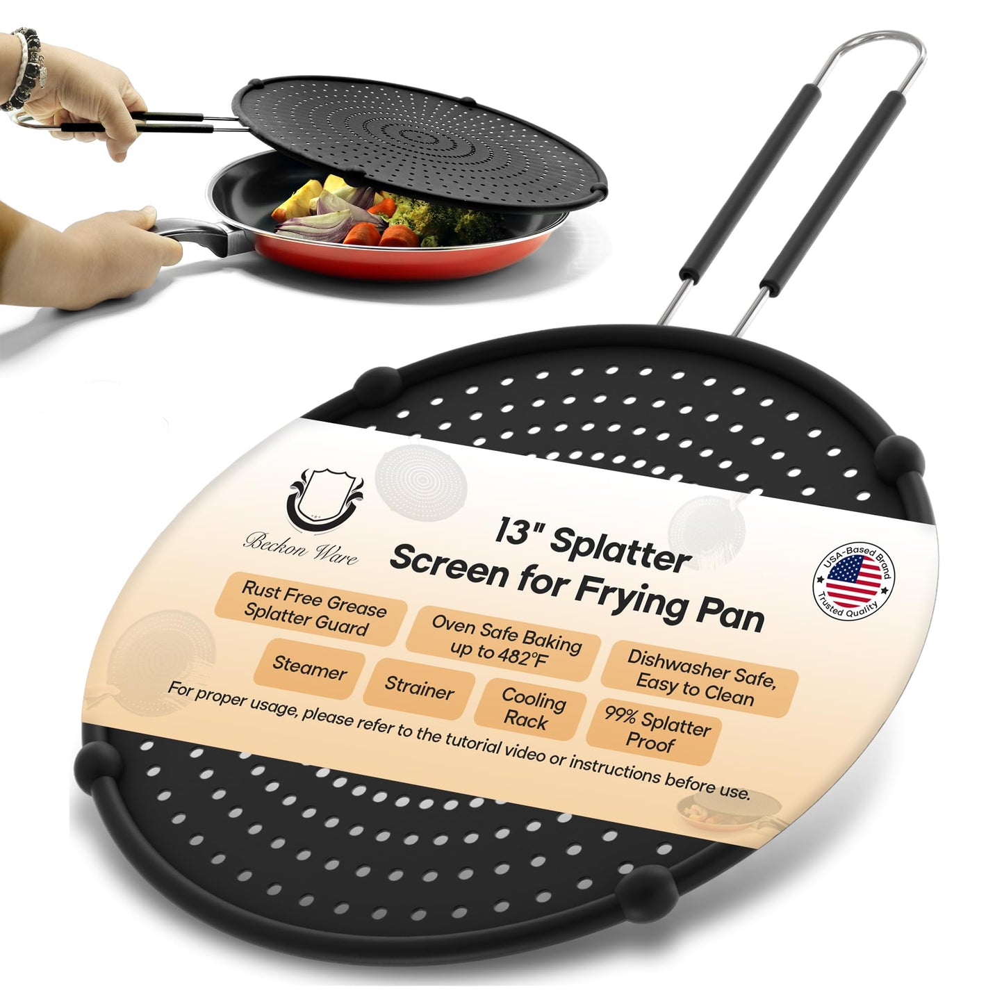 Splatter Screen for Frying Pan | USA Brand | 13-Inch Black, Fit Pans (12" to 13") Silicone Grease Splatter Guard for Frying Pan and Stove by Beckon Ware
