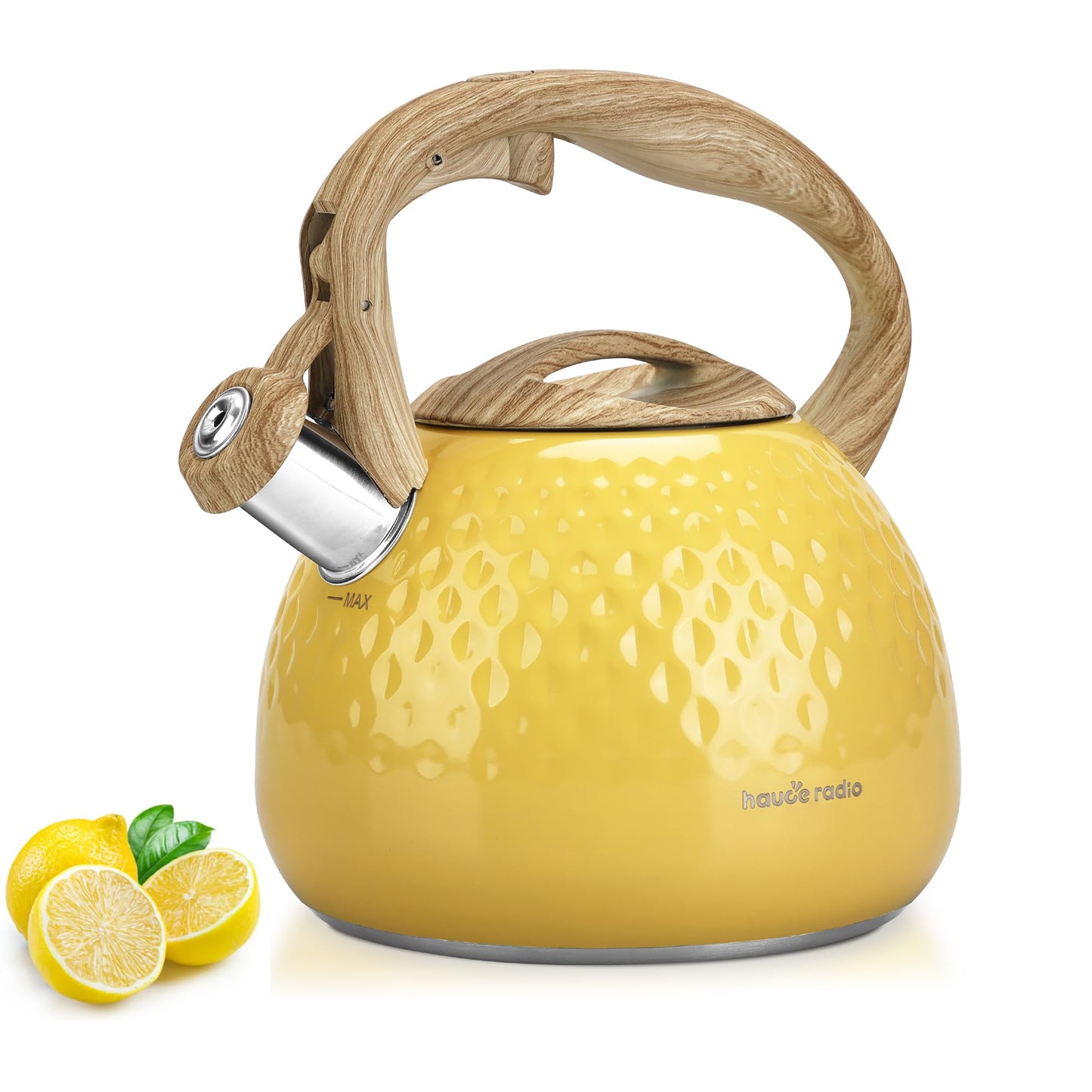 Tea Kettle, Stovetop Teapot, 2.5 Quart, Loud Whistle, Food Grade Stainless Steel and Smooth Wood Pattern Handle, Sophisticated Look for Hiking, Picnic, for Tea, Coffee, (Yellow)