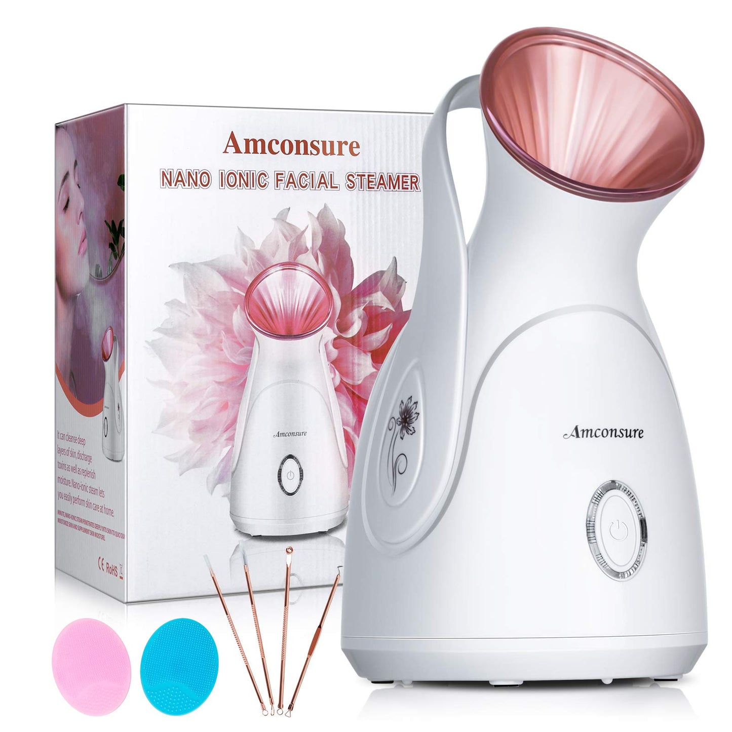 Amconsure Facial Steamer - Nano Ionic Face Steamer Warm Mist Steamer for Home Sauna SPA, Humidifier for Face Steamer for Deep Cleaning Unclogs Pores Sinuses - Bonus 5 Piece Stainless Steel Skin Kit