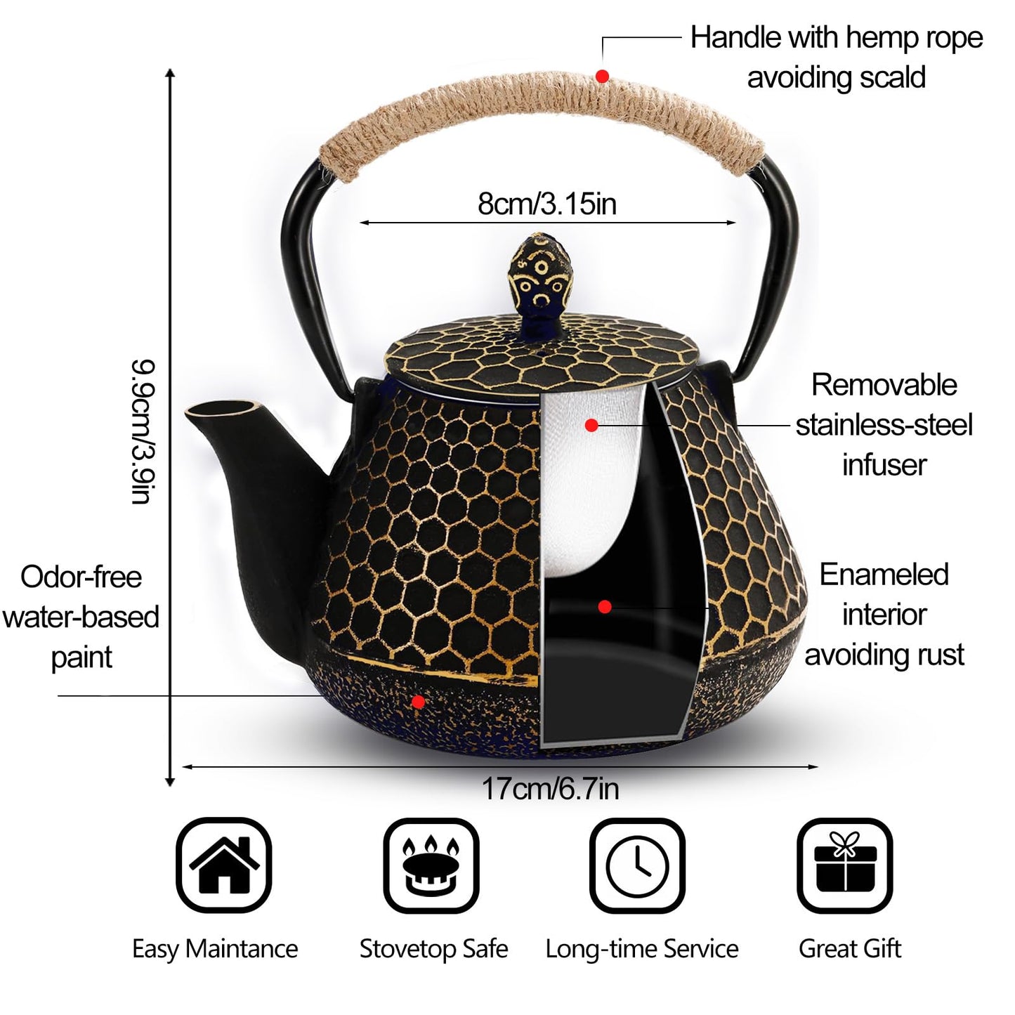 Cast Iron Tea Pot - Honeycomb Pattern Tea Kettle with Tea Leaf Infuser,Stovetop Tea Kettle Coated with Enameled Interior,Suitable for Brewing Loose Leaf Tea (Gold)