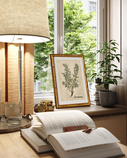 11x14inch InSimSea Gold Bamboo Framed Canvas Wall Art, Retro Herbs Rosemary Botanical Paintings, Antique Vintage