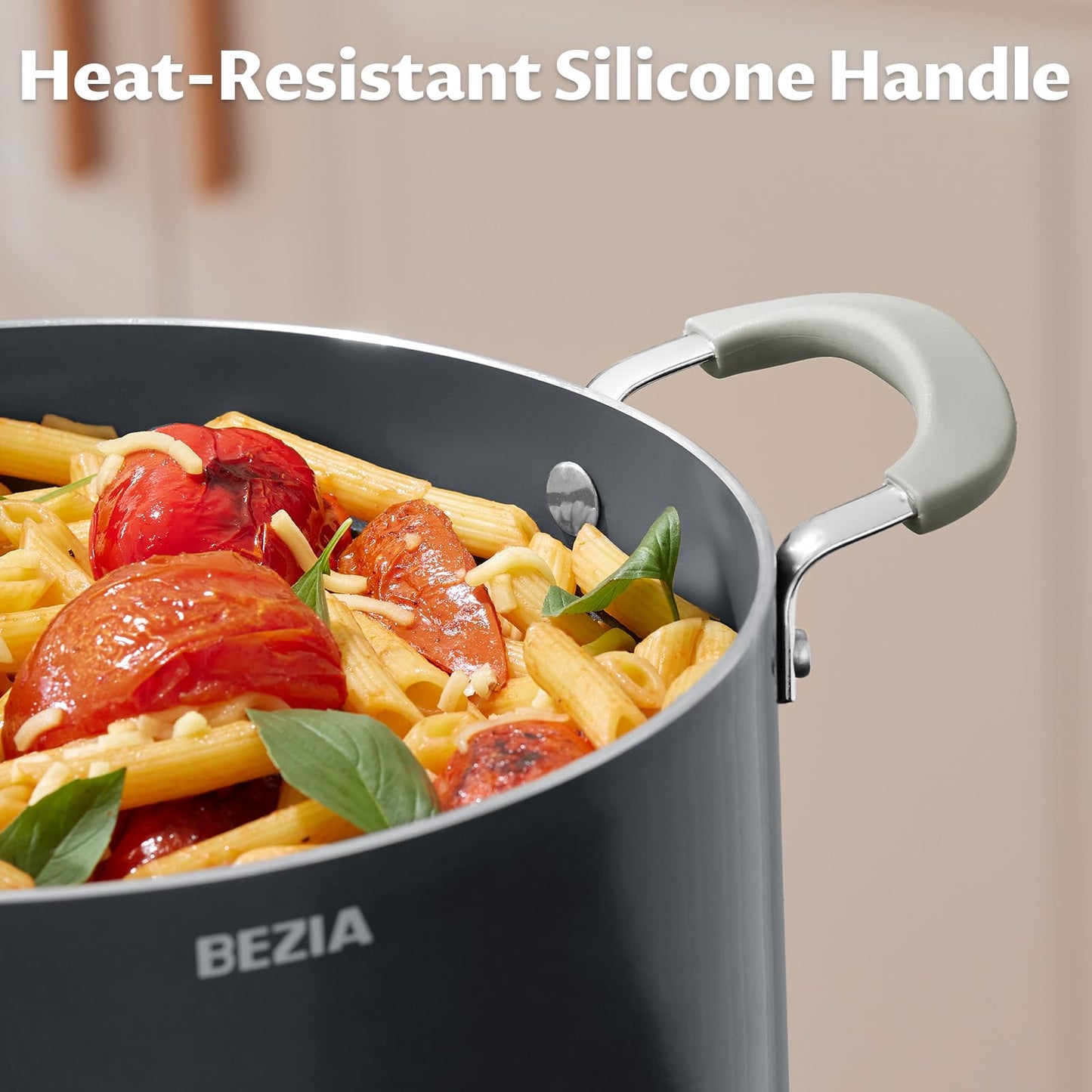 6 Quart Nonstick Stock Pot with Lid - BEZIA Ceramic Soup Pot for Small Families, Induction Cooking Pot with Stay-Cool Silicone Handles, Easy Cleanup, Perfect for Side Dishes, Daily Meals & Camping