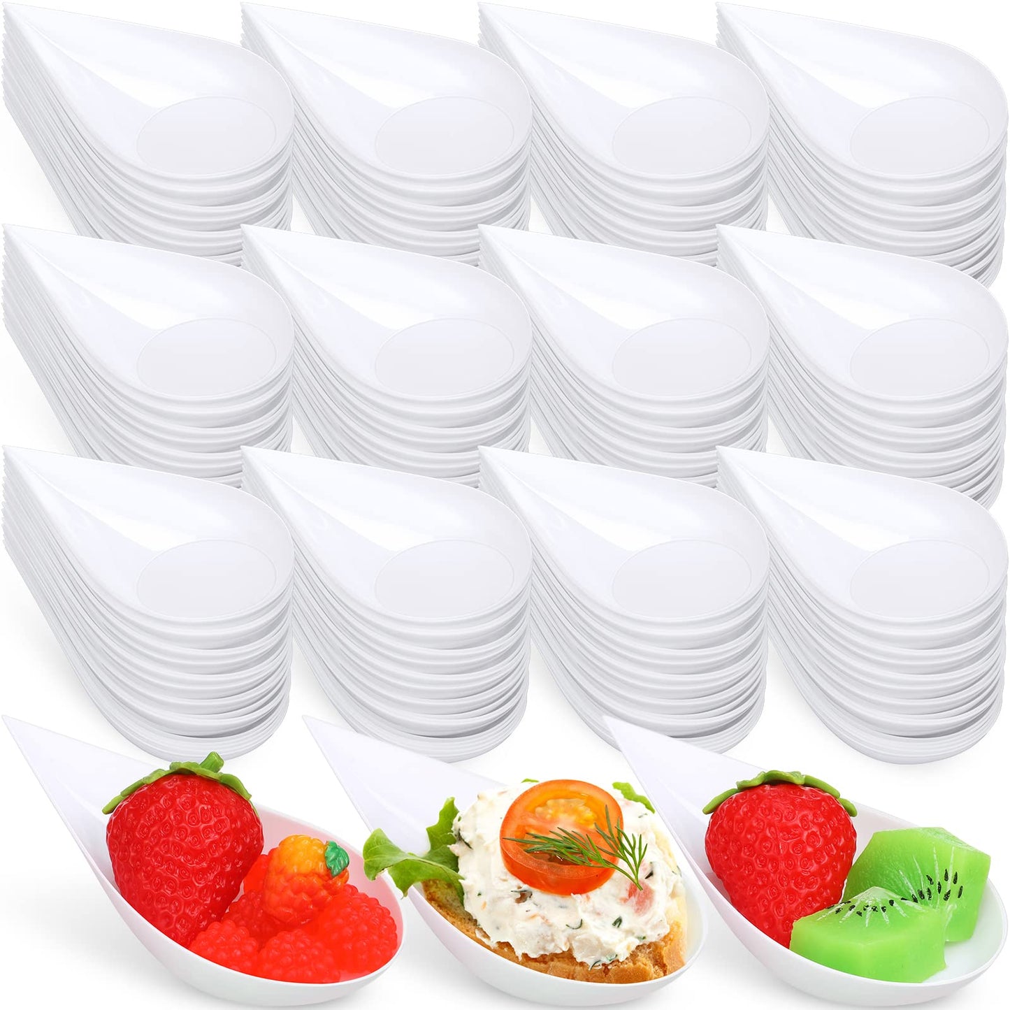 Foaincore 500 Pcs 4 Inch Appetizer Spoons Tear Drop Mini Appetizer Plates Plastic Catering Supplies Disposable Tasting Spoons Asian for Desserts Sauces Sushi Ice Cream Sample Serving Party (White)