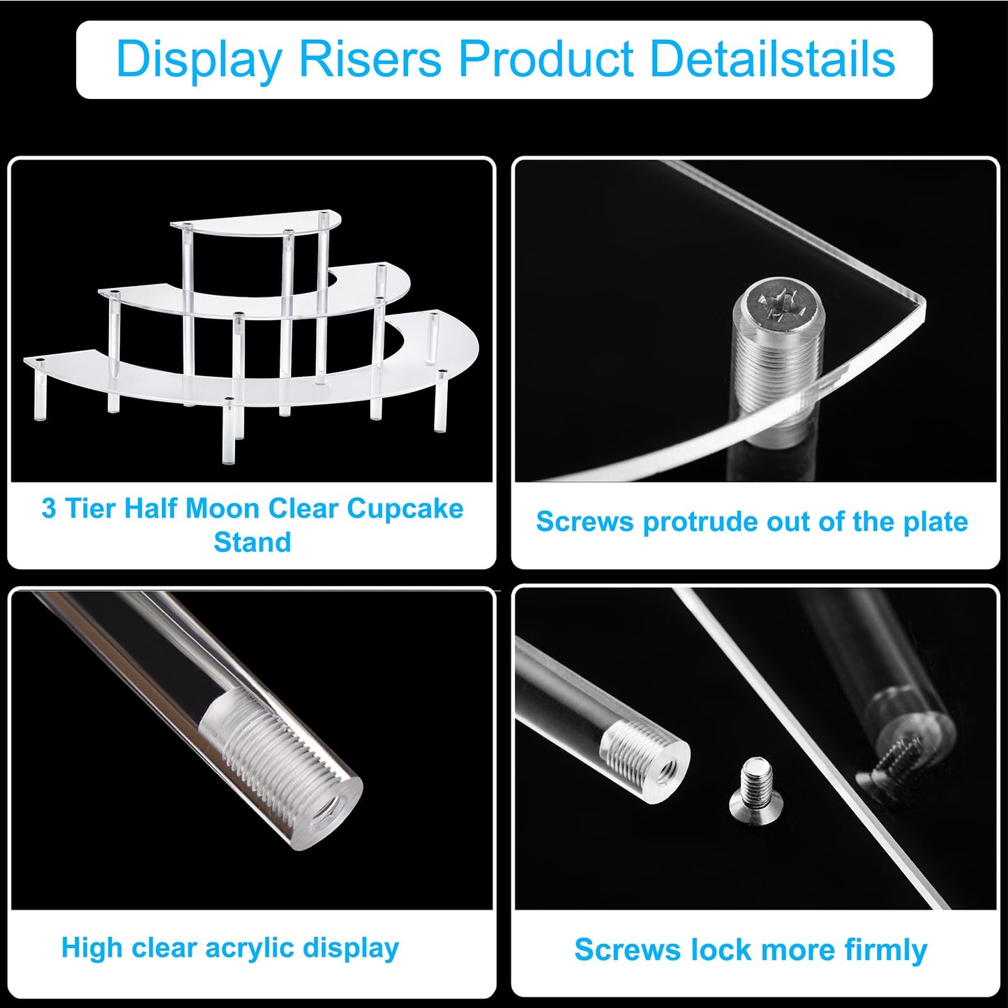 HENABLE Acrylic Display Risers, 3 Tier Clear Cupcake Perfume Stand Organizer, Half Moon Dessert Stand for Display, Food, Amiibo Funko POP Figure (2half