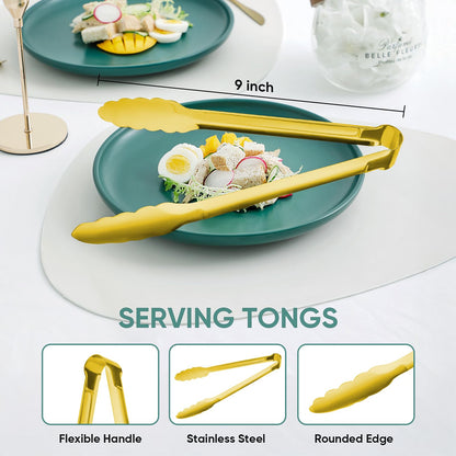 Gold Buffet Tongs 9'' Inches Serving Tongs Heavy Duty Stainless steel Kitchen and BBQ Utility Tong Pack of 12 (Gold, 9inch)