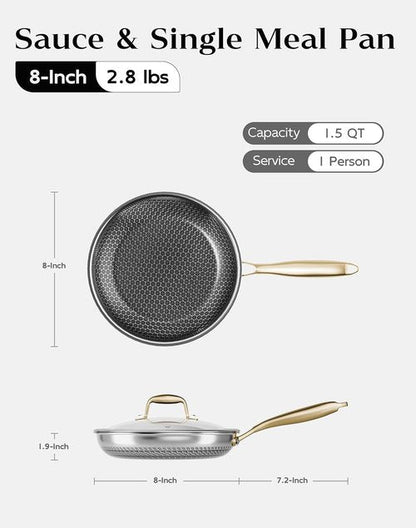 Honeycomb Stainless Steel Frying Pan - 8 Inch Nonstick Skillet with Lid, Induction Compatible, PFOA-Free