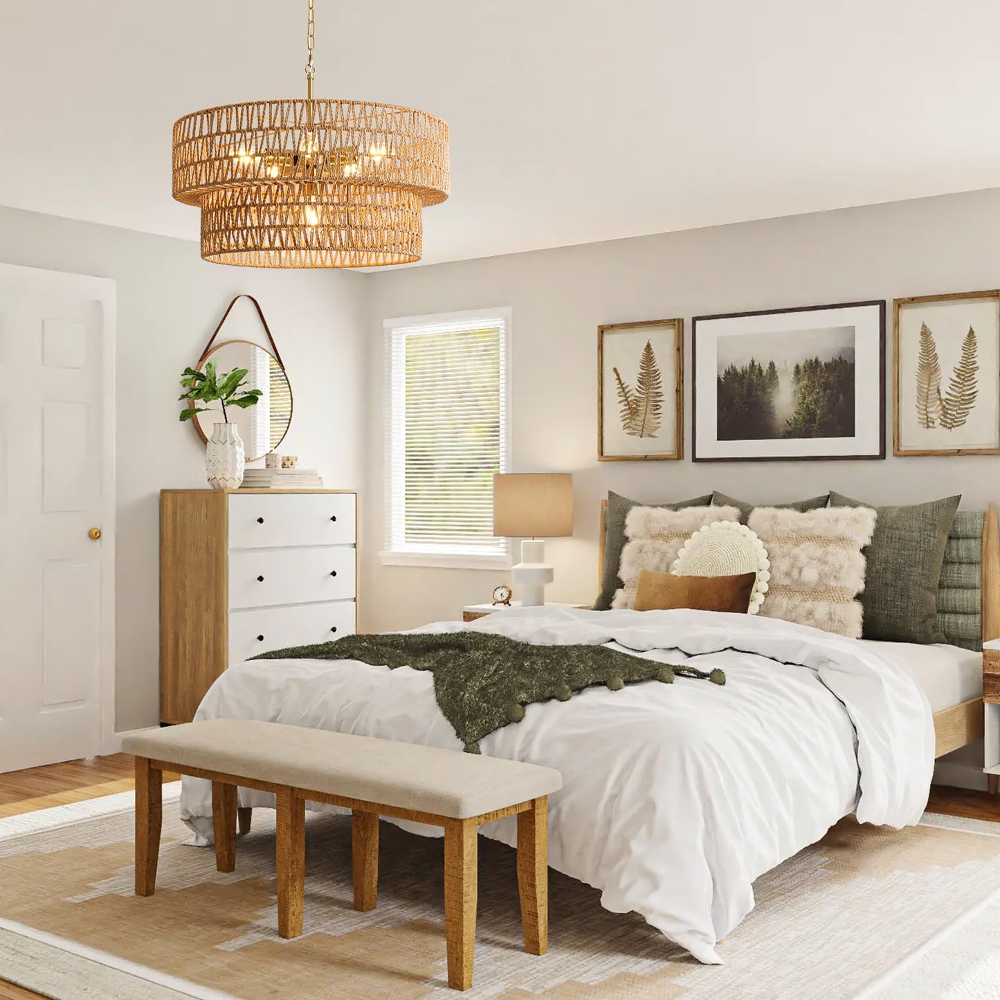 23.6" Boho Rattan Chandelier, 6-Light Large Rattan Pendant Light with 2-Tier Wicker Shade, Bohemian Farmhouse Ceiling Light Fixture Chandelier for Dining Room, Living Room, Bedroom, Kitchen Island