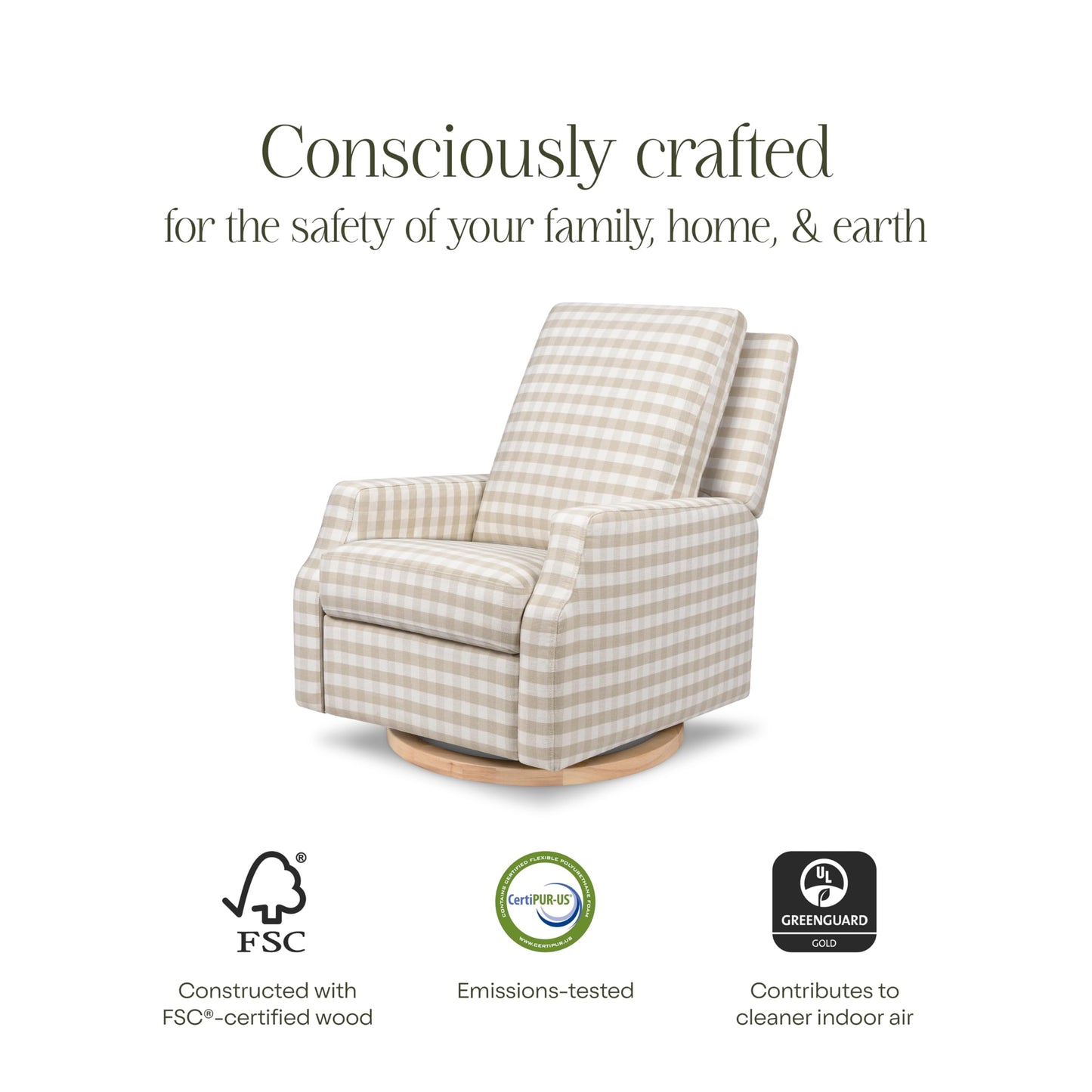 Namesake Crewe Glider Recliner Nursery Chair - GREENGUARD Gold & Certi-PUR US Certified Rocker Recliner - Glider Rocking Chair for Nursery & Living Room - Electronic, 270° Swivel, Tan Gingham