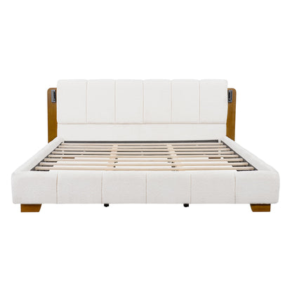 Christopher Knight Home Dora Boucle Upholstered King Bed Frame and Headboard, King Platform Bed and Reading Light, Wooden King Size Bed Frame with Tufted Design, No Box Spring Needed, White + Brown