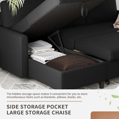 Shintenchi Futon Sofa Bed Convertible Couches L Shaped, 4‑in‑1 Sectional Sleeper Sofa Pull Out Couches for Living Room, Multifunctional Couch with Storage Chaise Corduroy Fabric, Black