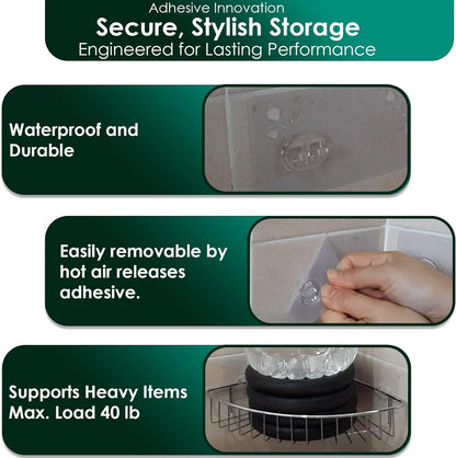 12 Pack Upgraded Adhesive Hooks for Wall Mount, Self-Adhesive Corner Shelf Shower Caddy, Waterproof Bathroom & Kitchen