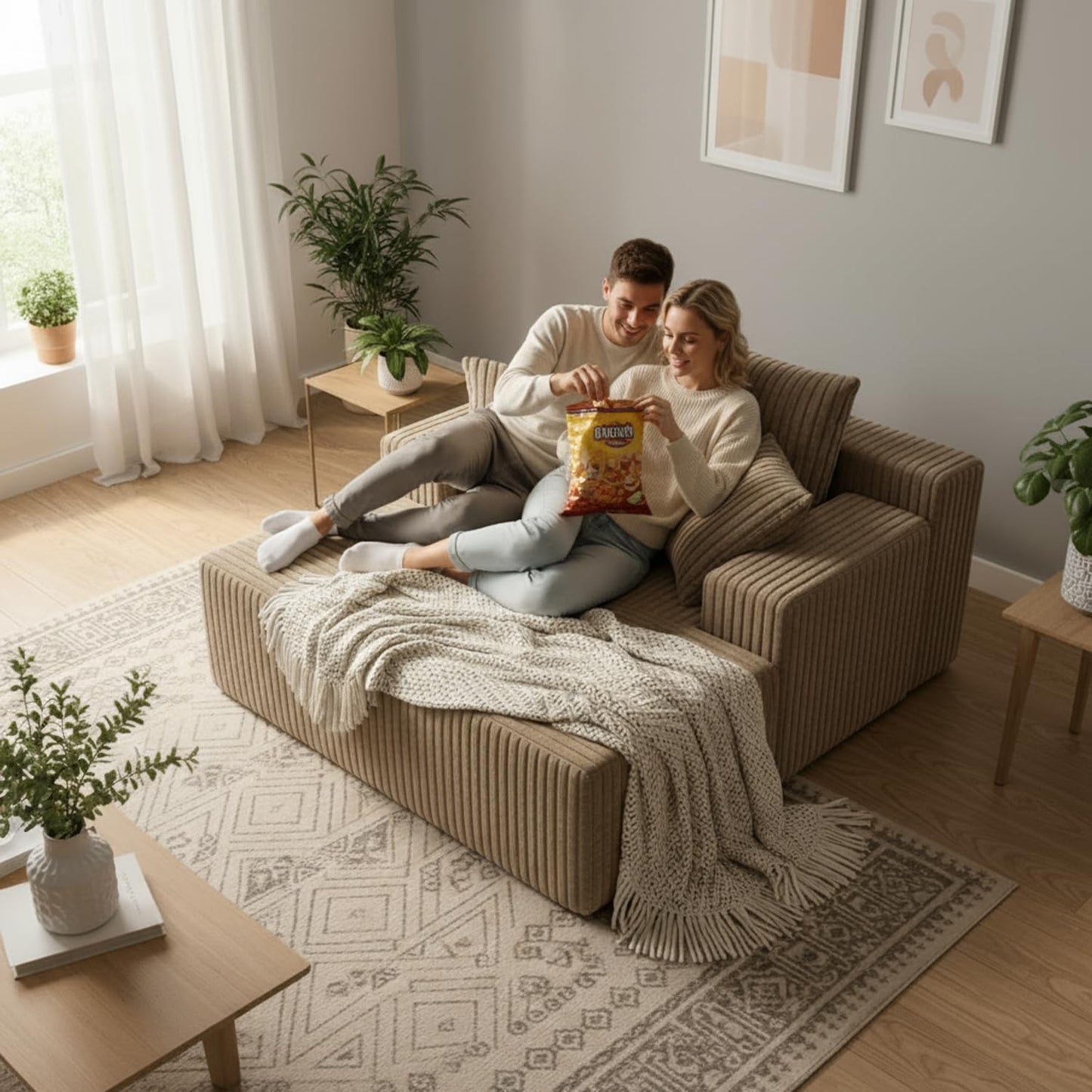 Sytopia Chaise Lounge with Armrests, Oversized Sofa Bed with 3 Pillows, Cozy Couch, Sleeper Reading Chair for Living Room Bedroom, Floor Sofa Corduroy, Furniture Sala, Cashmere Beige