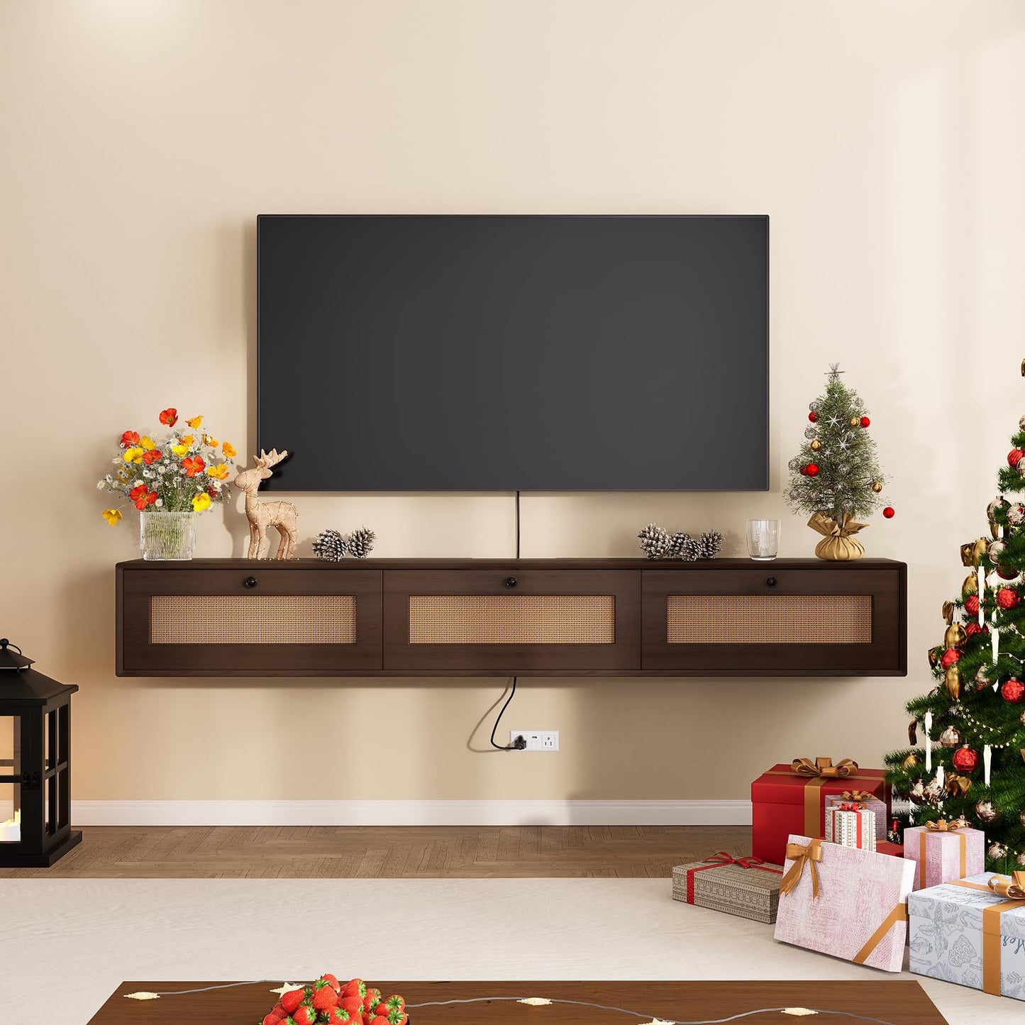 FurniNova 78'' Floating TV Stand with Rattan Doors, Wall Mount TV Console Cabinet, Fully Assembled Floating Entertainment Center, Matte Finish, Plywood Media Cabinet for Living Room