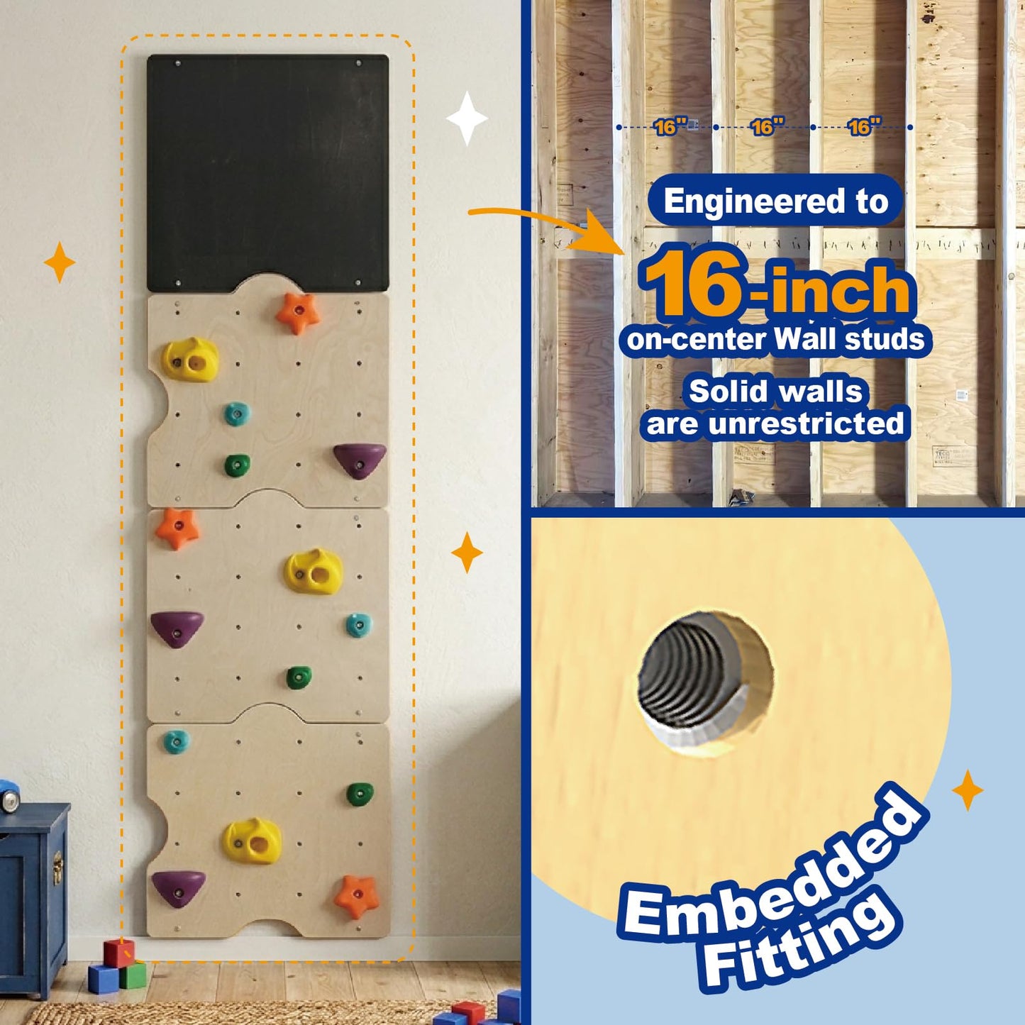 kidi house Rock Climbing Wall for Kids with 15 Rock Climbing Holds – Wooden Kids Indoor Climbing Wall with Drawing Blackboard, Pre-Drilled Nuts, Home Gym Kids Playroom Montessori Rock Wall Panel