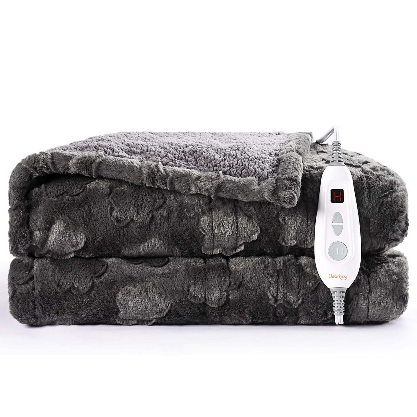 Bearhug Electric Blanket King Size 100" x 90", Dual Controller Heated Blanket, White Flower Patterns Faux Fur & Warm Sherpa, 10-Heat Levels & 1-12H Auto Off,ETL, Machine Washable