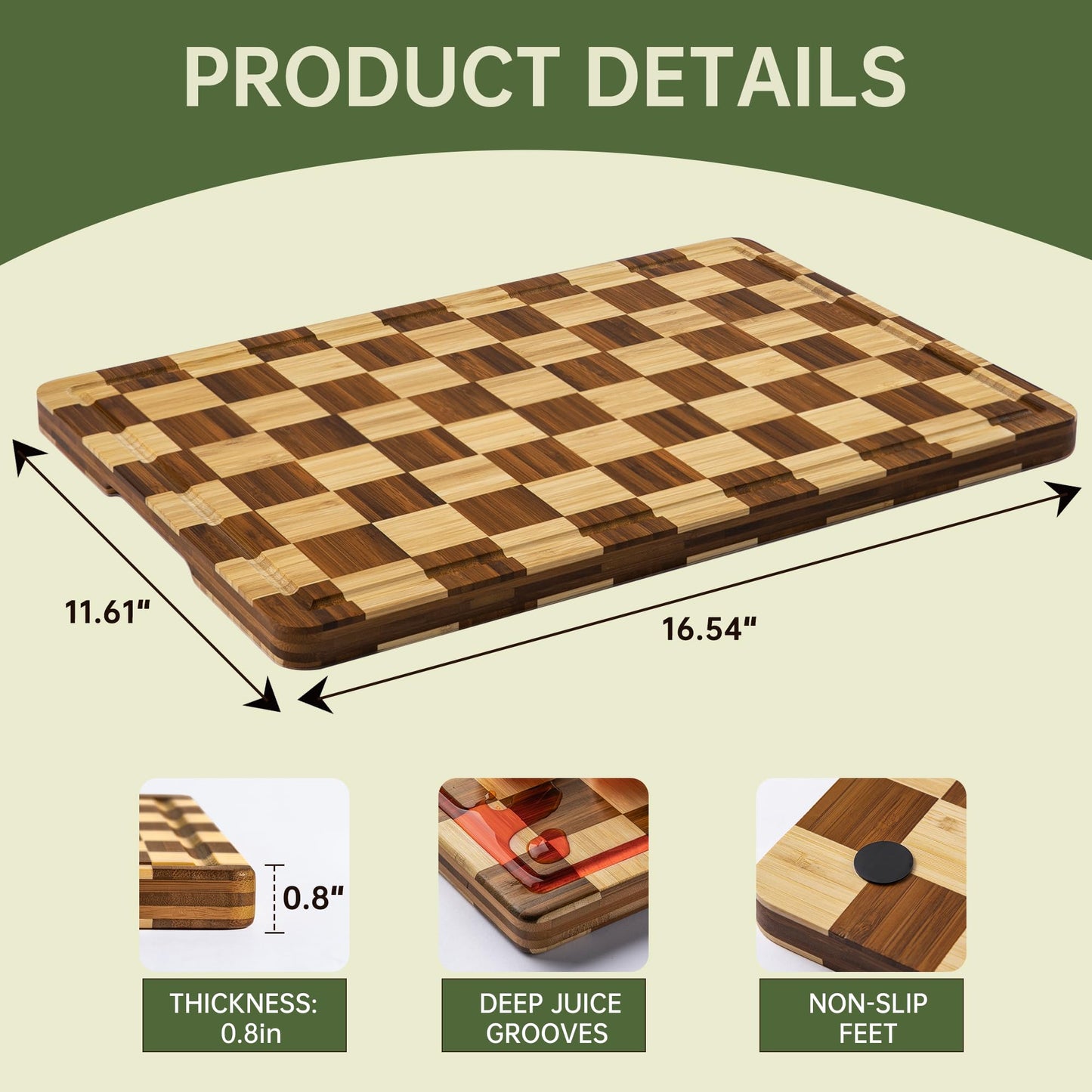 THETCHRY Checkered Bamboo Cutting Board, Thick End-Grain Wood Cutting Boards for the Kitchen, Chopping Boards with Juice Groove, Non-Slip, Durable & Crack-Resistant, Perfect Gifts 16.5” x 11.6” x 0.8”