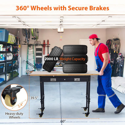 Adjustable Workbench for Garage, 48" Heavy Duty Rolling Work Bench with Power Outlet & Storage Drawer, 2000 LBS Capacity Solid Wood Top Shop Table for Workshop Home Office
