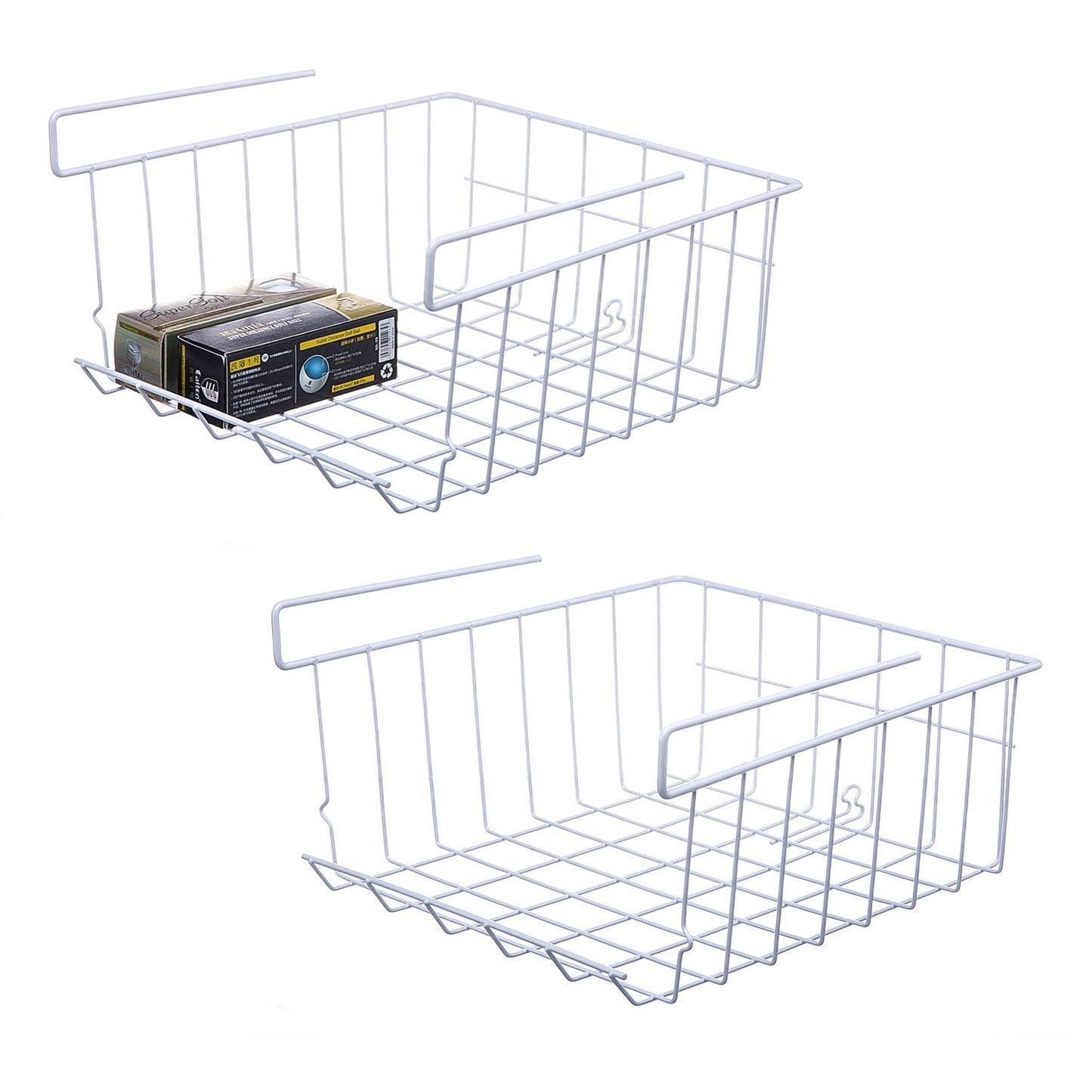 Lonians 2-Pack Under Shelf Hanging Storage Baskets - Metal Wire Rack Organizer for Kitchen, Pantry, Cabinet, Bathroom, Desk - Space Saving Shelf Extender (White, Large)